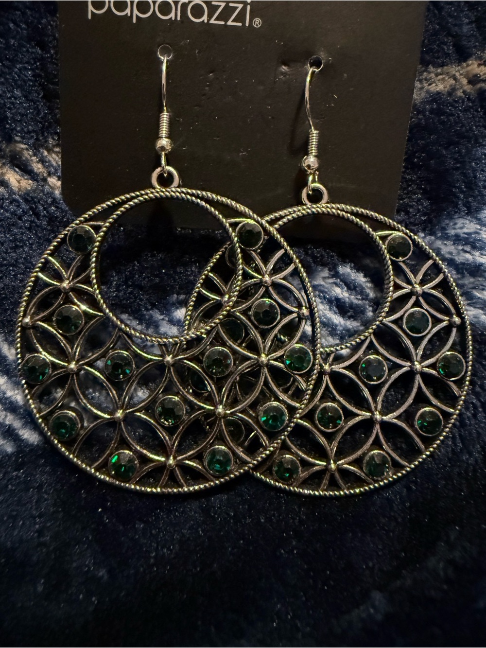 paparazzi Silver Filigree Hoop Earrings with Green Gems